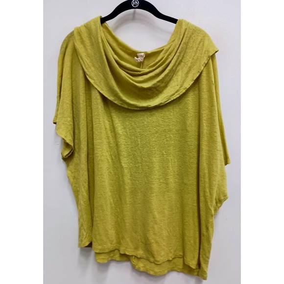 Chalet Tops - Chalet Linen Blend Lagenlook Top Womens Large Yellow Cowl Neck Short Sleeve